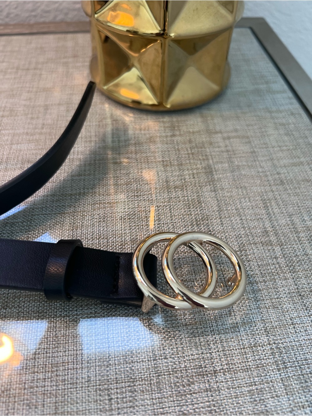 NWOT H & M Black Leather Women's Belt with Double Gold Ring Buckle